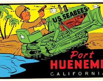 Vintage  1950's style  Port Hueneme CA  California US Navy  Seabees  retro  travel decal  sticker state map
