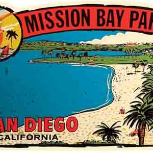 Vintage 1950 Stil Mission Bay Park San Diego CA Kalifornien retro Reise Aufkleber Aufkleber Zustand Karte