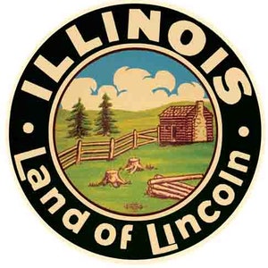 Naklejka podróżna w stylu lat 50. Chicago IL Illinois Land Of Lincoln, mapa stanu, retro