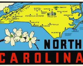 1960年代風のヴィンテージ ノースカロライナ州（NC）レトロ旅行デカールステッカー州地図