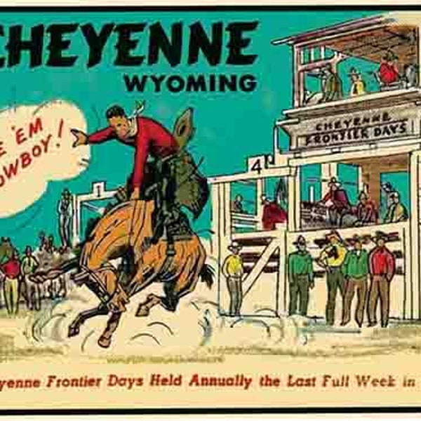 Vintage  1960's style  Cheyenne  WY  Wyoming rodeo   retro  travel decal  sticker state map