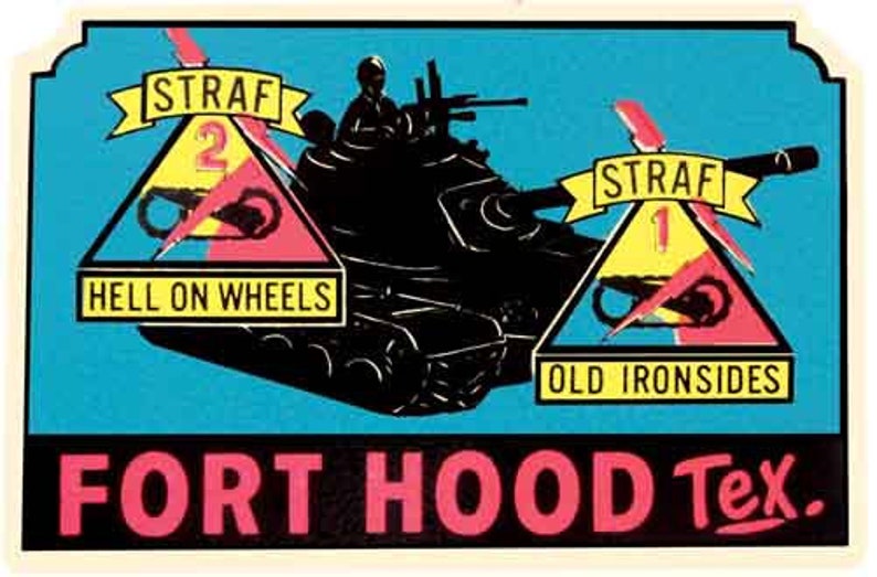 Vintage 1950's style Fort Hood TX Texas US Army military retro travel decal sticker state map image 1