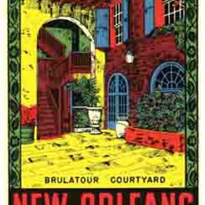 Vintage 1950 Stil New Orleans LA Louisiana Innenhof retro Reise Aufkleber Aufkleber Zustand Karte