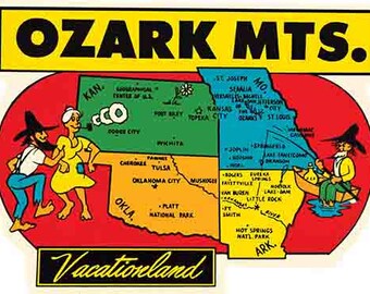 Vintage 1950 estilo AR Arkansas Traveler Ozark Mountains Vacationland dibujos animados retro viaje calcomanía etiqueta mapa del estado