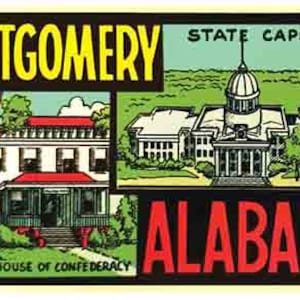 Vintage 1950er Jahre Stil Montgomery AL Alabama State Capital Retro Reise Aufkleber Aufkleber Zustand Karte