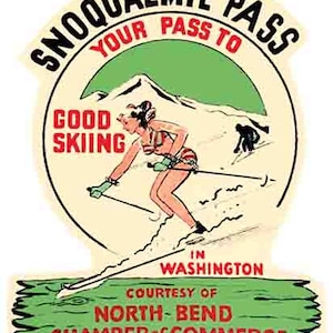 Calcomanía de viaje retro con mapa del estado de Washington, North Bend, WA, con esquí en la nieve, estilo vintage de los años 50, en Snoqualmie Falls