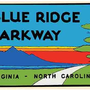 Vintage estilo de 1950 Blue Ridge Parkway Smoky Mountains Virginia VA NC North Carolina retro viaje calcomanía pegatina mapa estatal