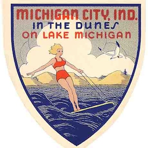Style vintage des années 1950, Michigan City dans l'Indiana, lac Michigan, Grands Lacs, Chicago, autocollant de voyage rétro, ski nautique, carte de l'état