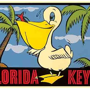 Style vintage des années 50, dessin animé des Florida Keys, Pelican Key West, Floride, voyage rétro, autocollant, carte de l'état