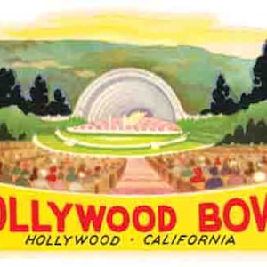 May include: A vintage postcard featuring a colorful illustration of the Hollywood Bowl, a large outdoor amphitheater in Los Angeles, California. The postcard features a yellow background with red text that reads "HOLLYWOOD BOWL" and "HOLLYWOOD, CALIFORNIA".
