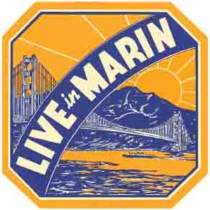 May include: A vintage travel poster with a yellow background featuring the Golden Gate Bridge, a blue mountain range, and the text "LIVE in MARIN".