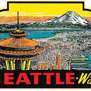 Vintage 1950's style Seattle WA Washington Space Needle skyline retro travel calcomanía pegatina estado mapa