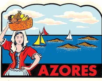 Vintage  1950's style  Azores Islands  Portugal  Spain       retro  travel decal  sticker state map