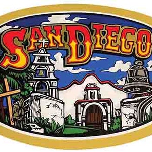 Vintage 1950er Jahre Stil San Diego CA Kalifornien katholische Mission Retro Reiseaufkleber Staatskarte