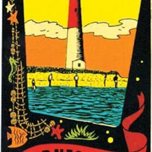 May include: A vintage postcard featuring a red and white lighthouse with a black background. The lighthouse is on a cliff overlooking the ocean. The text "Barnegat Light, New Jersey" is printed on a red banner at the bottom of the postcard.