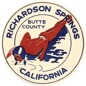 Style vintage des années 50 Richardson Springs Butte County CA Californie voyage rétro sticker carte de l'état