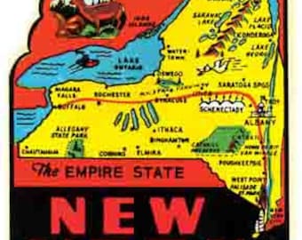 Vintage  1950's style   NYC  New York The Empire State   retro  travel decal  sticker state map