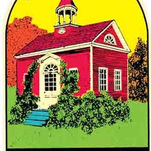 May include: A colourful illustration of the Colonial Courthouse in York, Pennsylvania. The red building has a white door and windows, with green bushes and a yellow sky. The text "COLONIAL COURTHOUSE" and "YORK Penn." are displayed.