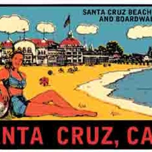 May include: Vintage postcard featuring a colorful illustration of Santa Cruz Beach and Boardwalk in California. The postcard shows a woman in a swimsuit sitting on the beach with a beach ball, a pier, and a large building in the background.