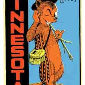 Puede incluir: Un cartel de viaje vintage con un gopher de dibujos animados que lleva un sombrero y sostiene una caña de pescar. El cartel es azul con el texto "MINNESOTA The GOPHER STATE" y "HOWDY" en letras rojas y amarillas.