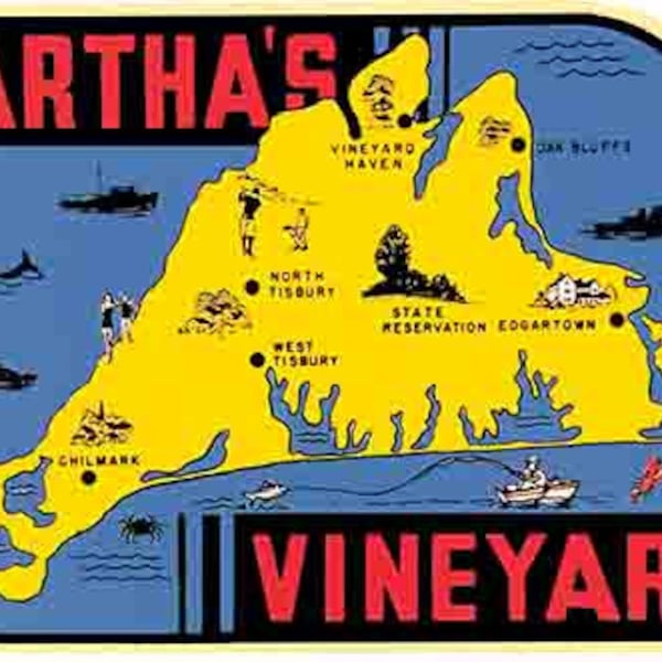 Vintage  1960's style    Marthas Vineyard Massachusetts MA       retro  travel decal  sticker state map