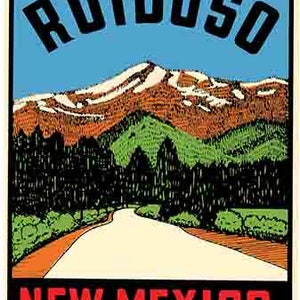 May include: Vintage travel poster featuring a scenic mountain road leading to a mountain range with snow-capped peaks. The poster is titled "Ruidoso, New Mexico, Year Around Playground".