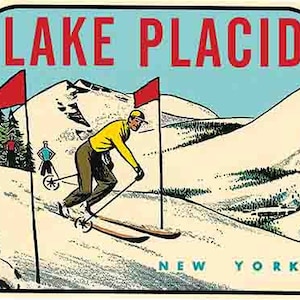 Vintage estilo años 50 Lake Placid NY Nueva York Esquí en nieve retro viaje calcomanía pegatina mapa estatal