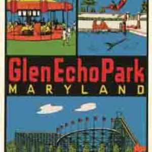 May include: Vintage postcard featuring a colorful illustration of Glen Echo Park in Maryland. The postcard shows a carousel, a swimming pool, and a large stadium.