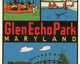 Vintage 1950 estilo Glen Echo Park MD Maryland retro viaje calcomanía montañas pegatina mapa del estado