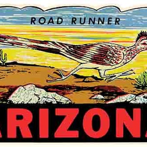 Vintage jaren 60-stijl Arizona woestijn Road Runner National Park AZ retro reissticker sticker staat kaart