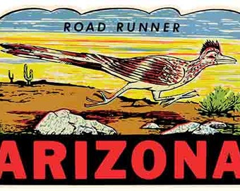 Style vintage des années 1960, désert de l'Arizona, Road Runner National Park, AZ voyage rétro autocollant, carte de l'état