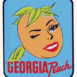 May include: A vintage illustration of a winking peach with green leaves, against a light blue background. The text "GEORGIA Peach" is written in red and white letters below the peach.