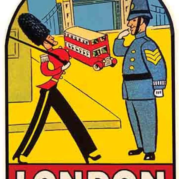 Vintage  1950's style   London England UK  United Kingdom   Buckingham Palace guard   travel decal  sticker state map