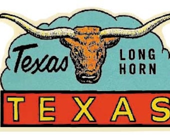 Vintage 1950er Jahre Stil Texas Longhorn Dallas Houston Austin El Paso Retro Reise Aufkleber Aufkleber Zustand Karte