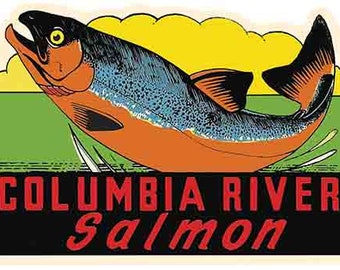 Vintage  1950's style  Columbia River  Salmon fishing  OR  Oregon  retro  travel decal  sticker state map
