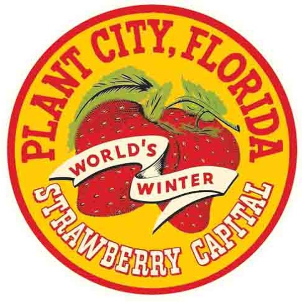 Vintage  1950's style  Plant City FL  Florida  strawberry farming     retro  travel decal  sticker state map