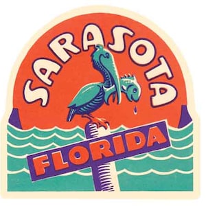 Vintage 1960's style Sarasota Florida FL Circus Pelikan Retro Reise Aufkleber Aufkleber Zustand Karte