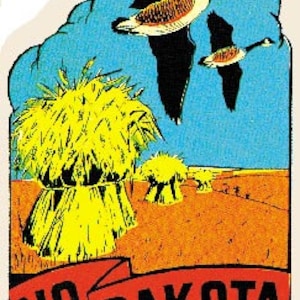 Vintage  1950's style  North Dakota  ND  geese hunting   retro  travel decal  sticker state map