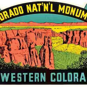 May include: Vintage travel poster featuring a colorful illustration of a canyon landscape with the text "Colorado Nat'l Monument in Western Colorado".
