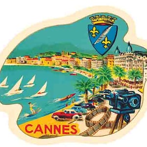 vintage années 1950 style Cannes France Français Riviera rétro Voyage autocollant autocollant carte de l'état