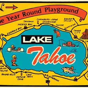 vintage 1950 style Lake Tahoe NV Nevada California CA rétro travel decal sticker state map