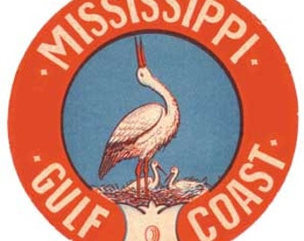 Vintage  1960's style   Mississippi Gulf Coast  Gulfport Biloxi  MS     retro  travel decal  sticker state map