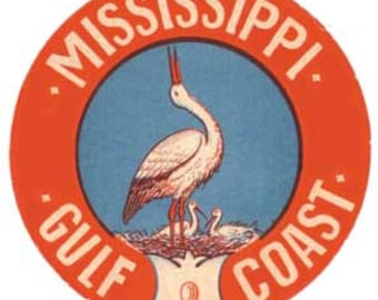 Vintage  1960's style   Mississippi Gulf Coast  Gulfport Biloxi  MS     retro  travel decal  sticker state map