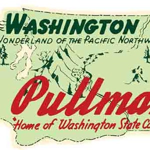 Adesivo da viaggio retrò Pullman Seattle WA Washington State College, stile vintage anni '60, mappa dello stato