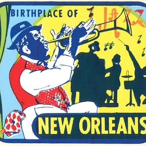 Vintage 1950er Jahre Stil New Orleans LA Bourbon Street Geburtsort der Jazz-Musik Retro Reise Aufkleber Aufkleber Zustand Karte