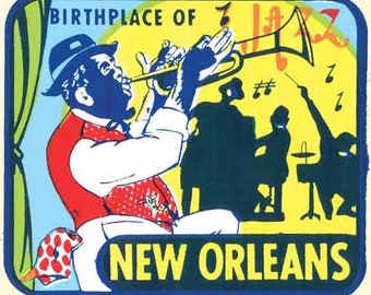 Vintage 1950er Jahre Stil New Orleans LA Bourbon Street Geburtsort der Jazz-Musik Retro Reise Aufkleber Aufkleber Zustand Karte