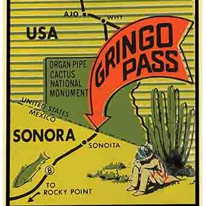 Estilo vintage de 1950 Gringo Pass Arizona México Frontera retro calcomanía de viaje pegatina mapa del estado