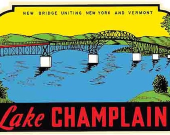 Vintage 1950er Jahre Stil Lake Champlain Vermont New York NY VT Retro Reise Aufkleber Aufkleber Zustand Karte