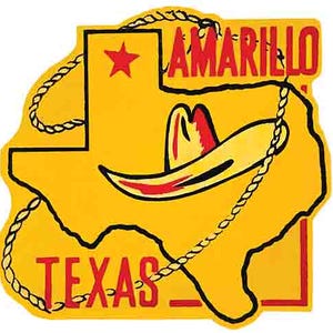 May include: A yellow outline of the state of Texas with a red star in the top left corner. A red and yellow cowboy hat is inside the outline. The words "AMARILLO" and "TEXAS" are in red letters.