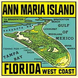 May include: A vintage map of Ann Maria Island, Florida, showing the island's location on the Gulf of Mexico. The map includes details like the Sarasota Bay, Bradenton Beach, and the airport. The text "Florida West Coast" is printed at the bottom of the map.
